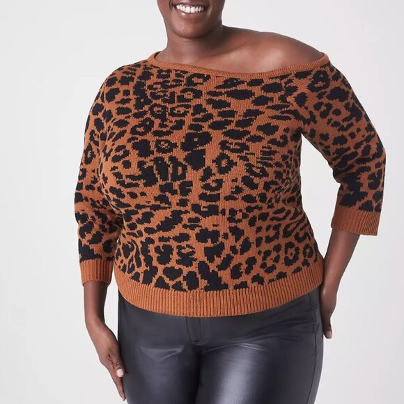 Lane Bryant Leopard Print One Shoulder Sweater 18/20 Brown & Black Knit Womens - Picture 1 of 6